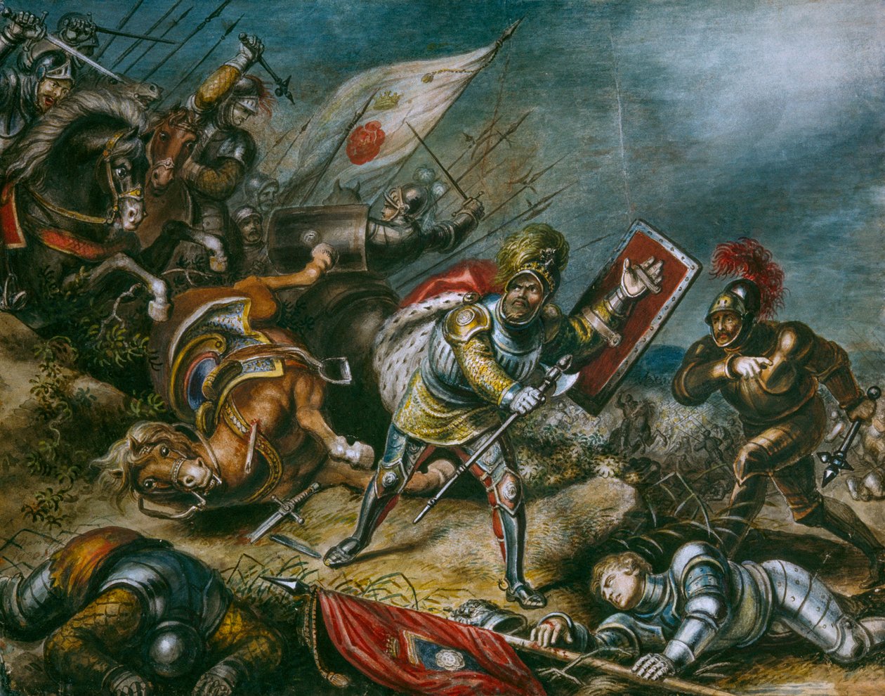 Na obraze je vyobrazen pěší boj Richarda III. na Bosworthském poli. Umělecké dílo. od Dean Conger