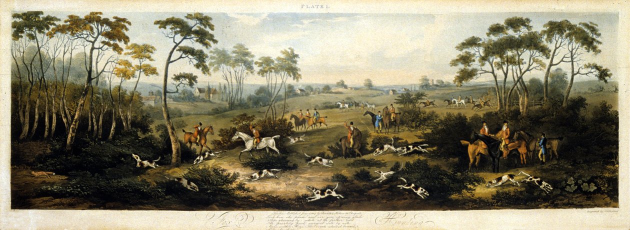 Lov na lišku, deska 1, ryl Thomas Sutherland (1785-1838) 1817 (barevně lito) od Dean Snr. (after) Wolstenholme