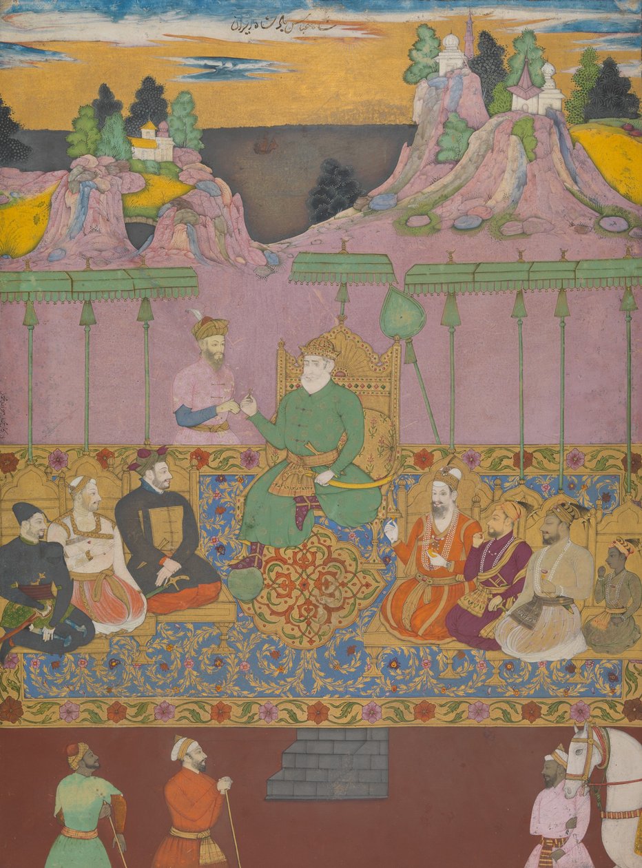 The House of Bijapur, c.1680 (inkoust, neprůhledný akvarel, zlato a stříbro na papíře) od Deccani School