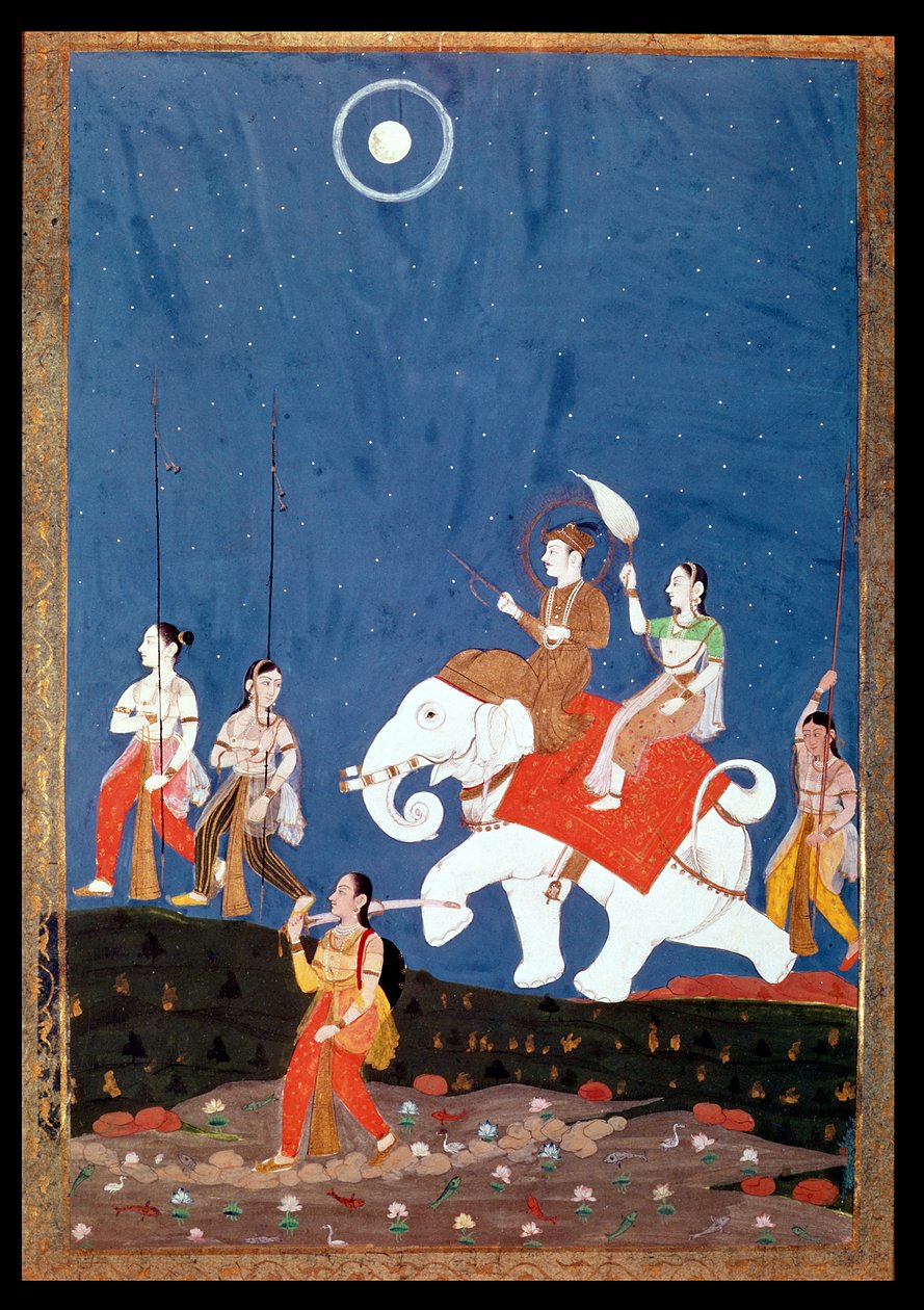 Indický princ na bílém slonovi, ilustrace hudebního režimu Deepak Raga, počátek 19. století od Deccani School