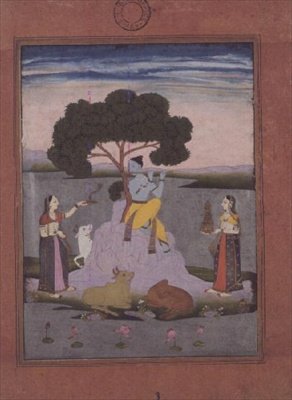 BL kočka. č. 428, z Johnsonova alba č. 20 položka 3, Krišna hraje na dvě gópí, Hyderabad, kolem 1770 (kvaš se zlatým, růžovým okrajem) od Deccani School