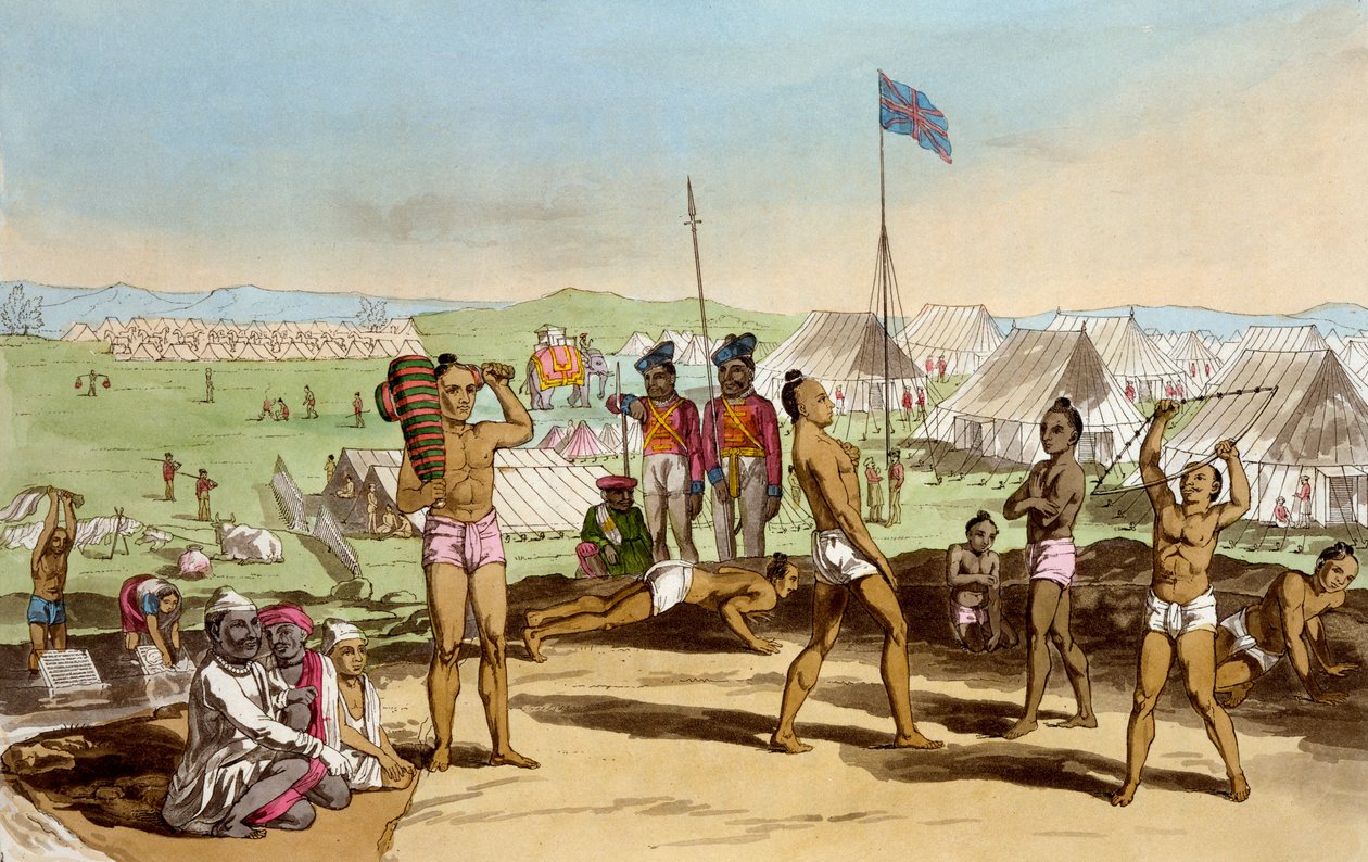 Ukhara s pohledem na britský rezidentní tábor, z „Kostým, postava, způsoby, domácí zvyky a náboženské obřady Mahrattů“ od T. D. Broughtona, lept od Mojžíše, 1813 (kol. od Deen Alee