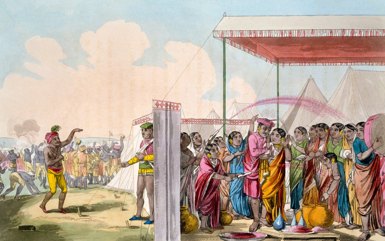 Hraní na Hohlee, z „Kostým, postava, způsoby, domácí zvyky a náboženské obřady Mahrattů“ od T. D. Broughton, lept od Baxtera, 1813 od Deen Alee