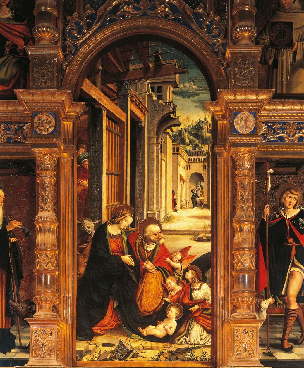 Narození Páně, detail z oltářního obrazu ze 16. století, od Defendente Ferrariho (1480 nebo 1485-1540), opatství svatého Antonína z Ranverso, Buttigliera Alta, Itálie od Defendente Ferrari