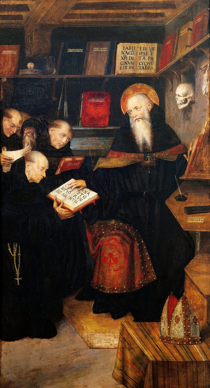 Svatý Augustin vyučující poustevníky, od Defendente Ferrari (činný cca 1500-1535), panel od Defendente Ferrari