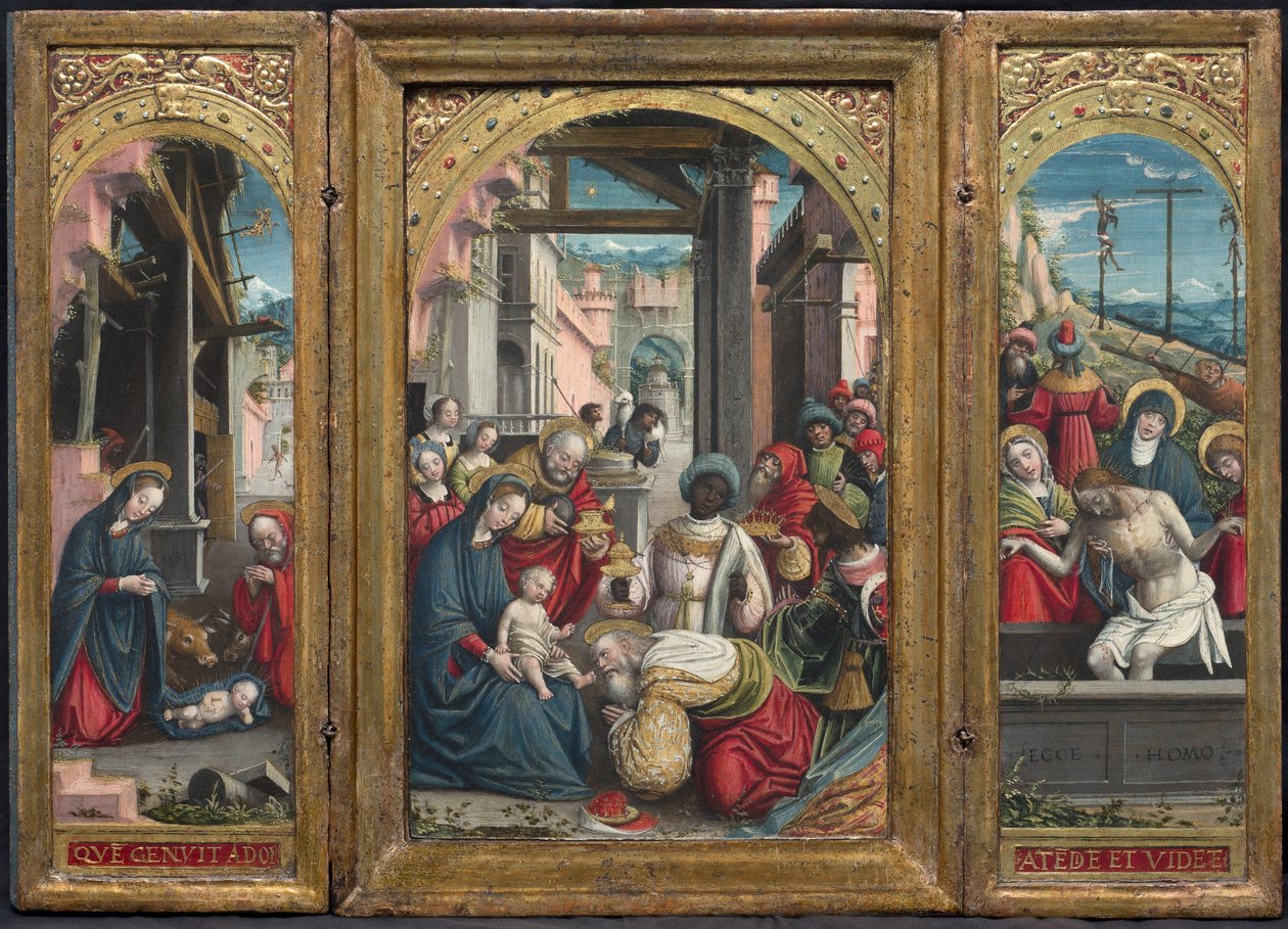 Triptych s Narozením uprostřed, vpravo Klanění tří králů, vlevo Uložení Krista do hrobu, 1523 od Defendente Ferrari