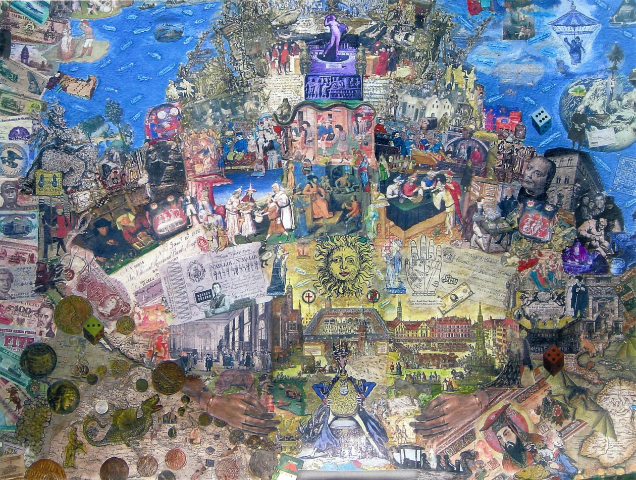 Death of Credit, 2010 (koláž a kombinovaná média na plátně) od Deirdre Kelly
