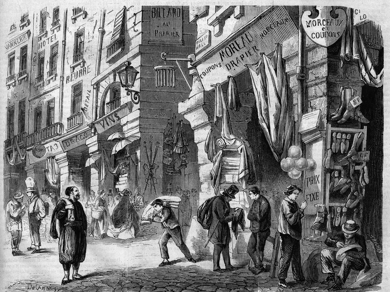 Paříž, pohled na kryté galerie v přízemí domů v rue de la Tonnelerie, nazývané také sloupy Halles, rytina podle kresby Delannoye, v „L