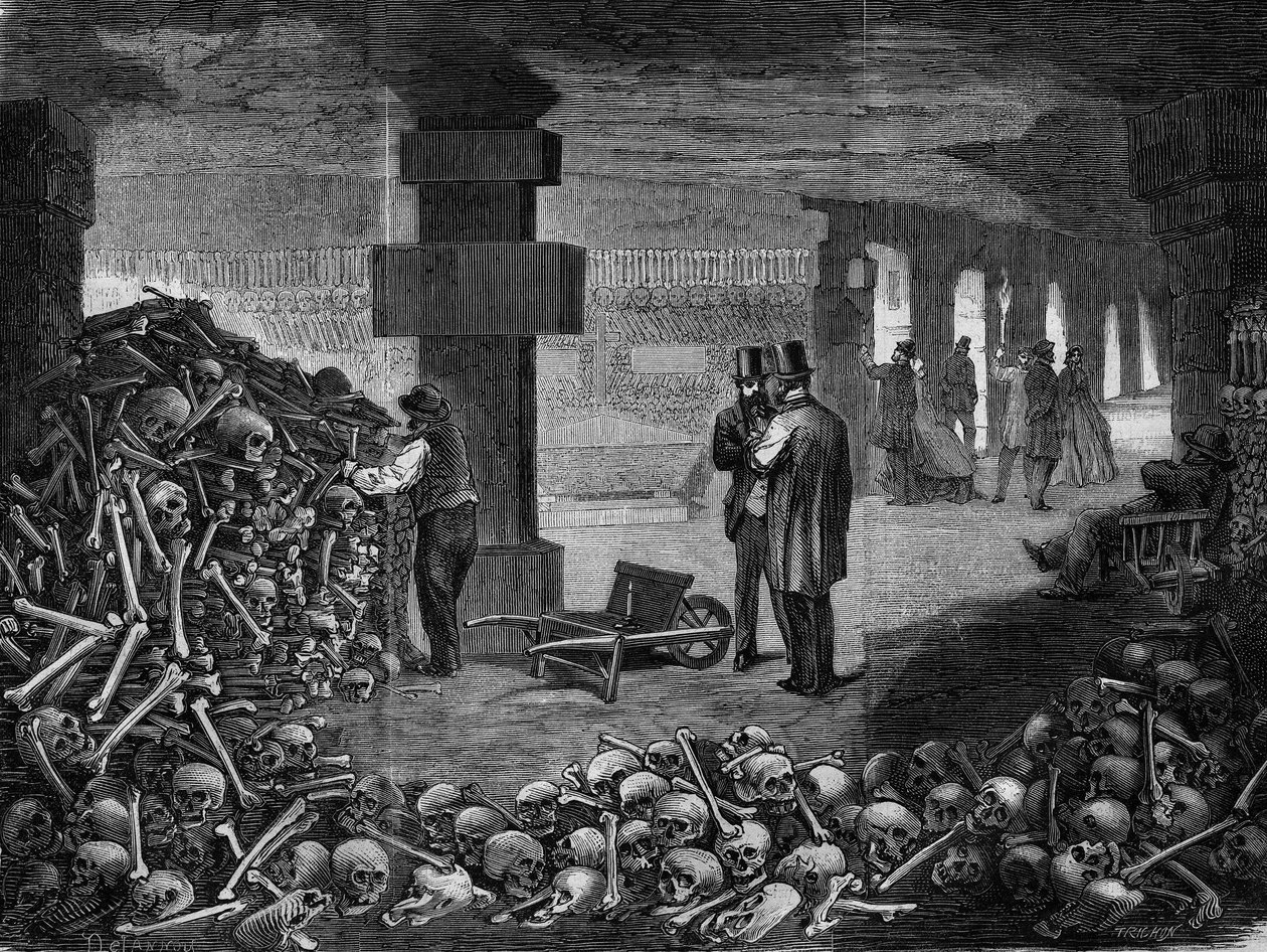 Paříž, pohled na křižovatku mementa v katakombách (rytina) 18§§ od Delannoy Delannoy
