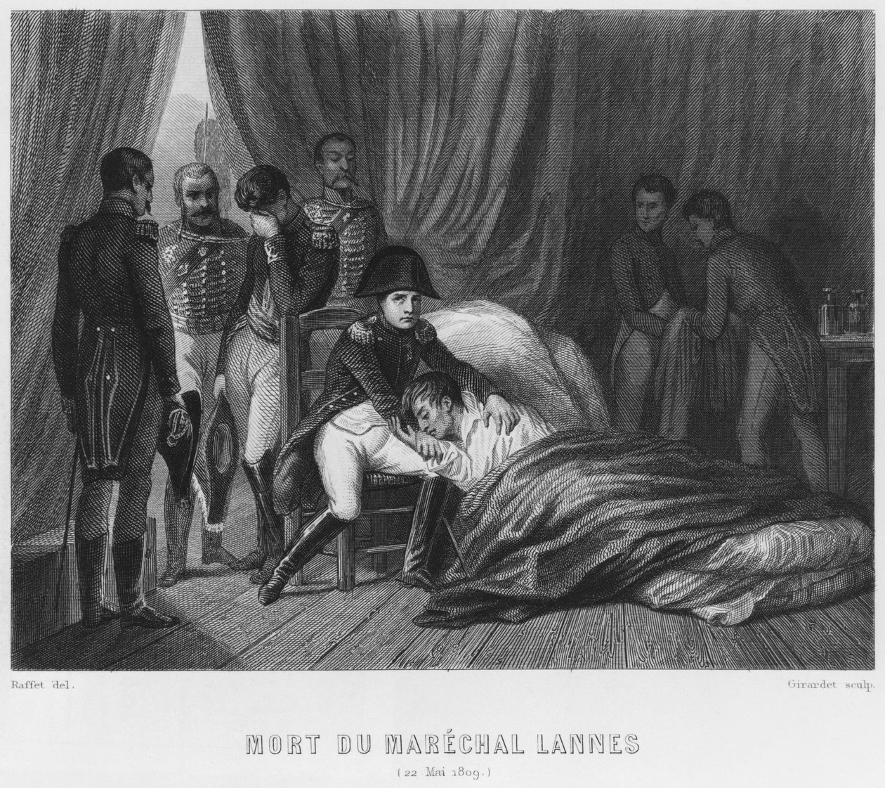 Poslední okamžiky maršála Lannese, vévody z Montebella, v bitvě u Esslingu 22. května 1809, vyryl Abraham Girardet (1764-1823) od Denis Auguste Marie Raffet