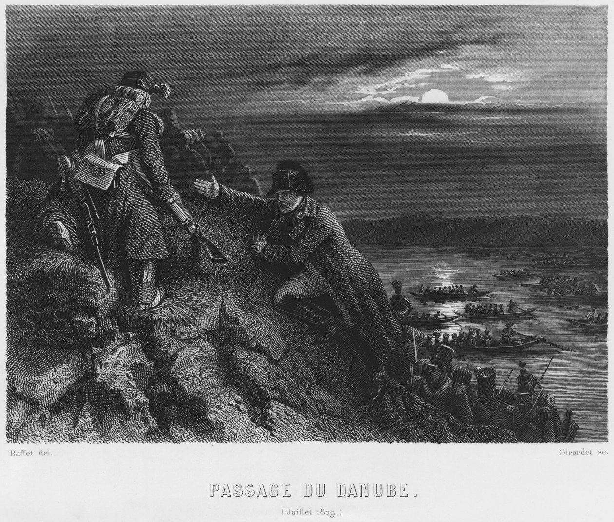 Napoleon I. Bonaparte (1769-1821) při přejezdu Dunaje v noci 4. července 1809, rytina Abrahama Girardeta (1764-1823) od Denis Auguste Marie Raffet
