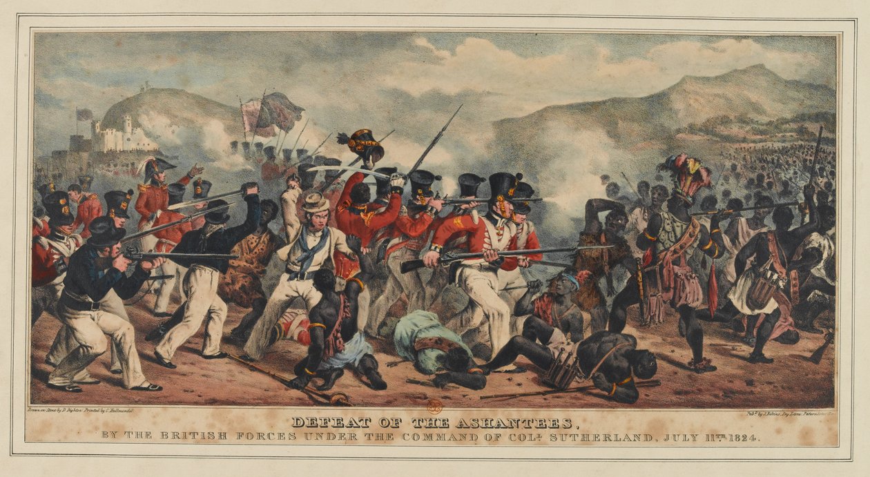 Porážka Ashantees britskými silami pod velením plukovníka Sutherlanda, 11. července 1824, publikoval J. Ronis, 1825 od Denis Dighton