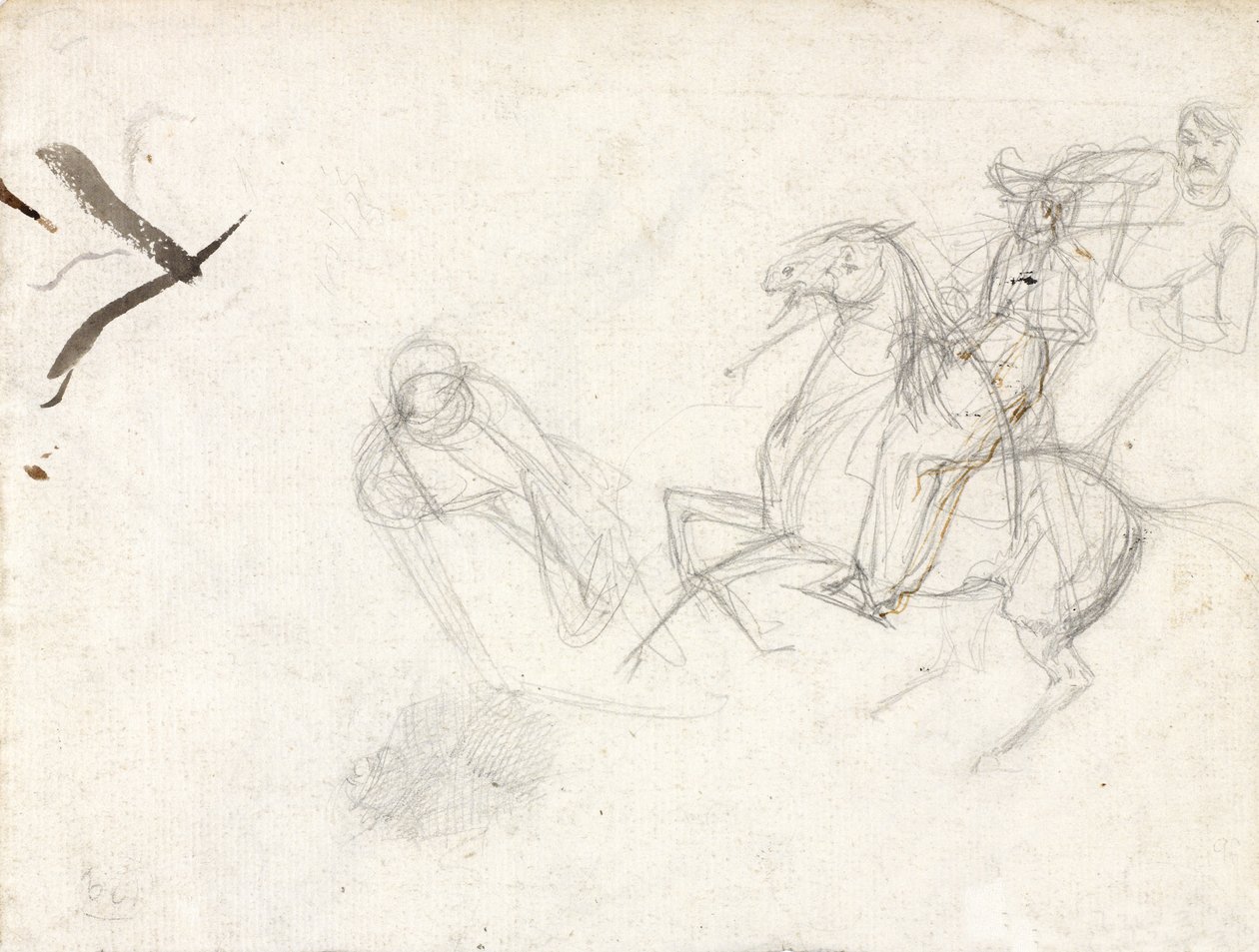 Studie k postavě seržanta Ewarta, Scots Greyse, k malbě zobrazující jeho zajetí francouzského orla v bitvě u Waterloo, 1815, kolem roku 1817 (tužka a inkoust na papíře) od Denis Dighton