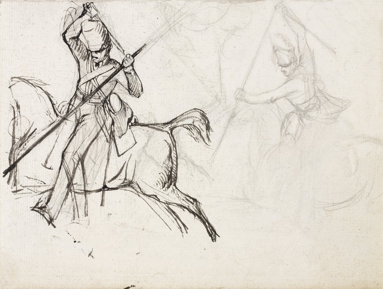 Studie k postavě seržanta Ewarta, Scots Greyse, k malbě zobrazující jeho zajetí francouzského orla v bitvě u Waterloo, 1815, kolem roku 1817 (tužka a inkoust na papíře) od Denis Dighton