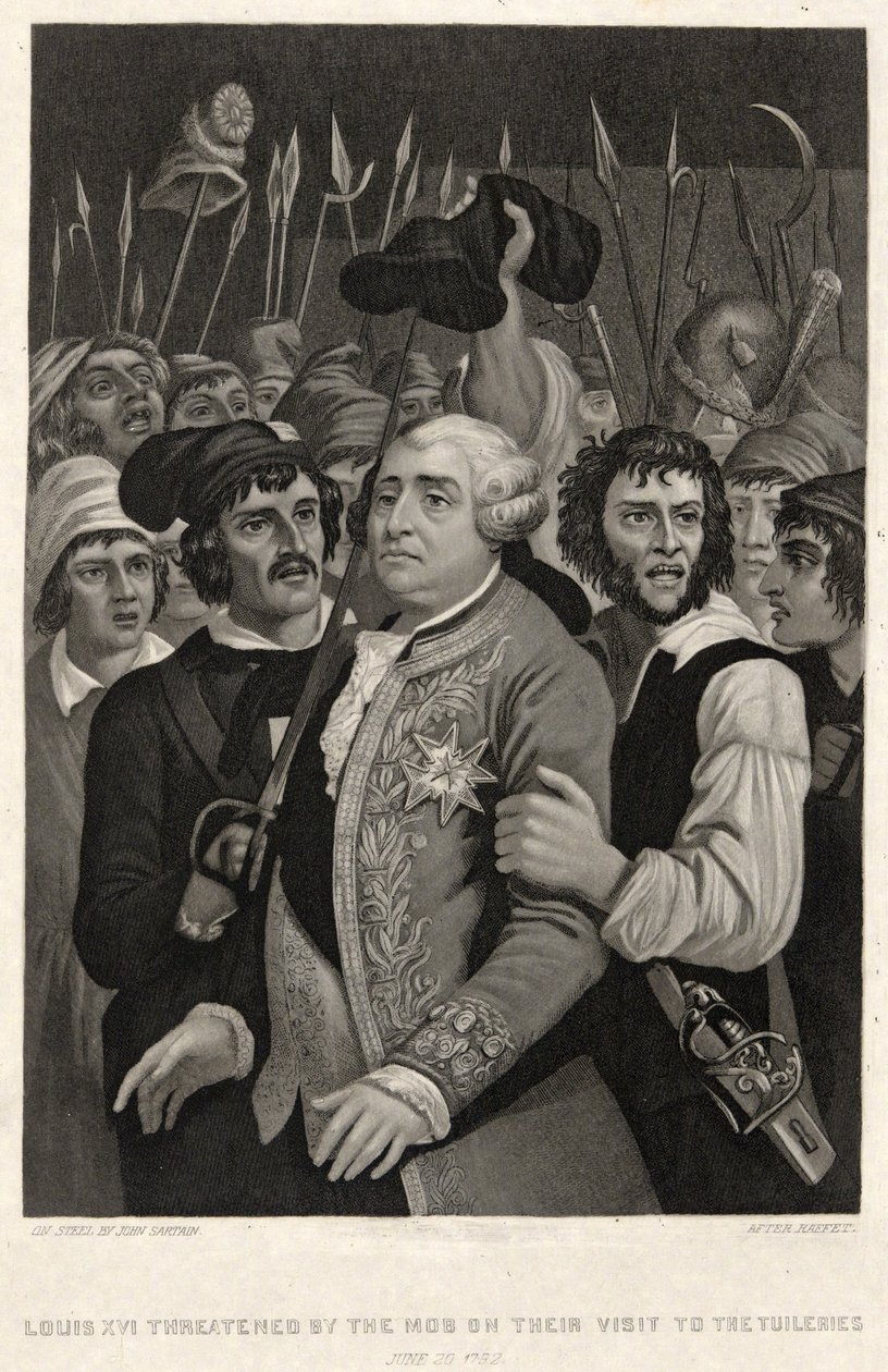 Ludvík XVI. ohrožený davem při jejich návštěvě Tuileries, 20. června 1792, vyryto Johnem Sartainem (rytina) od Denis Auguste Marie (after) Raffet