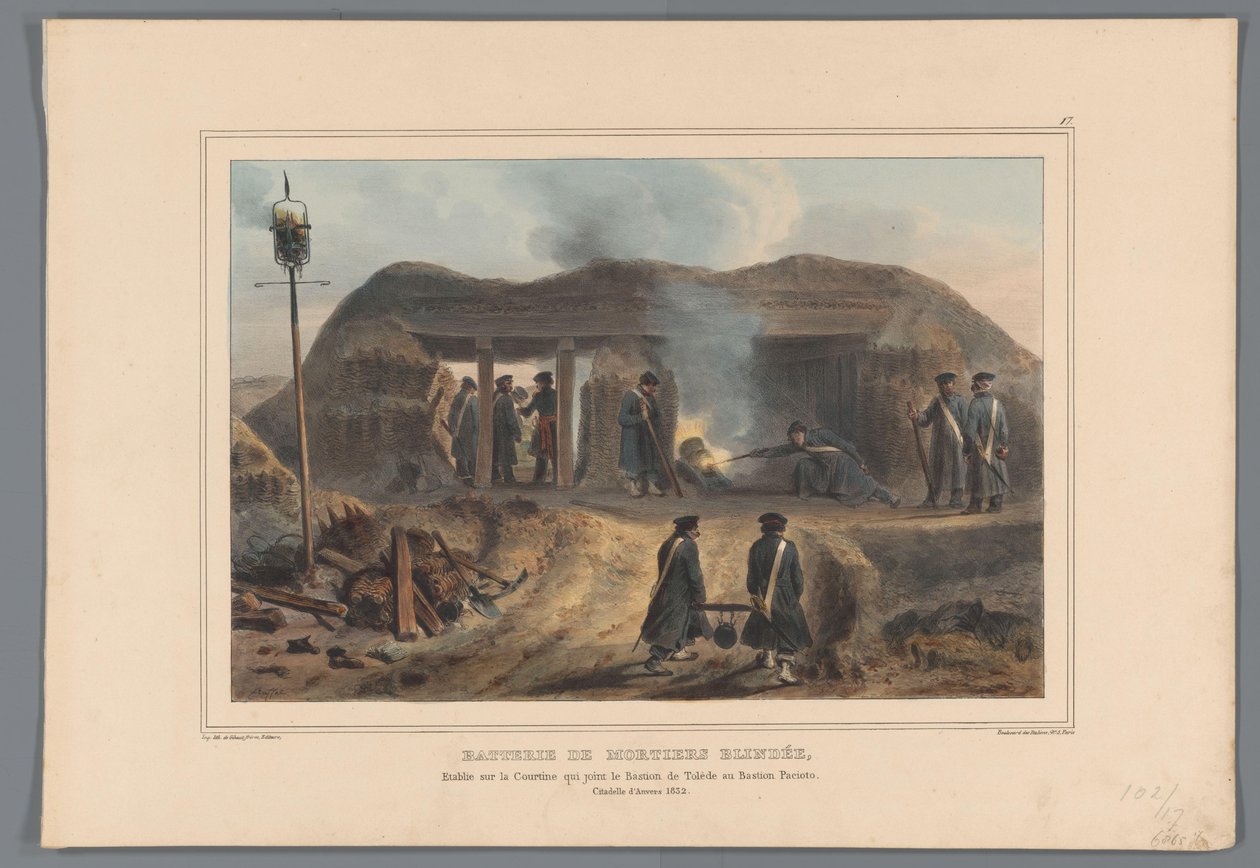 Afschieten van een minomet, 1832 Baterie obrněných minometů, zřízená na Courtine, která spojuje Bastion of Toledo s Bastion Pacioto (název na objektu) Kresby ze života v obležení Citadely v Antverpách od Raffeta (název série na objektu) od Denis Auguste Marie Raffet