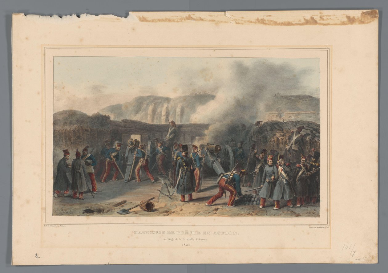 Beschieting van de Citadel, 1832 Vybitá baterie v akci (název na předmětu) Kresby ze života v obležení Citadely v Antverpách od Raffeta (název série na objektu) od Denis Auguste Marie Raffet
