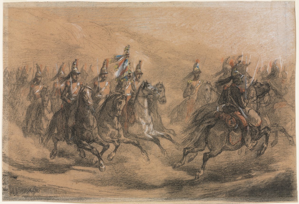 Šarže jezdectva, asi 1840 (černá, červená, žlutá, modrá a bílá křída) od Denis Auguste Marie Raffet