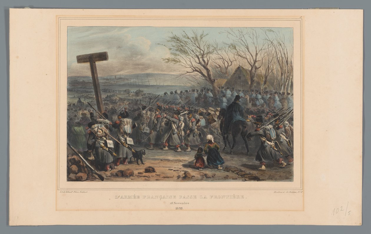 Francouzský leger rukt op, 1832 Francouzská armáda překračuje hranici (název na objektu) Kresby vytvořené z přírody při obléhání Citadely v Antverpách od Raffeta (název série na objektu) od Denis Auguste Marie Raffet