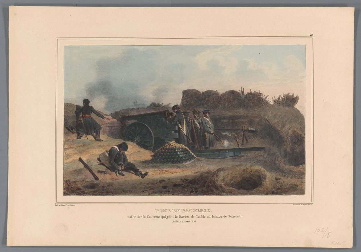 Geschut v akci, 1832 Kus baterie, zřízený na Courtine, která spojuje Baštu Toledo s Baštou Fernando (název na objektu) Kresby vytvořené z přírody při obléhání Citadely v Antverpách od Raffeta (název série na objektu) od Denis Auguste Marie Raffet