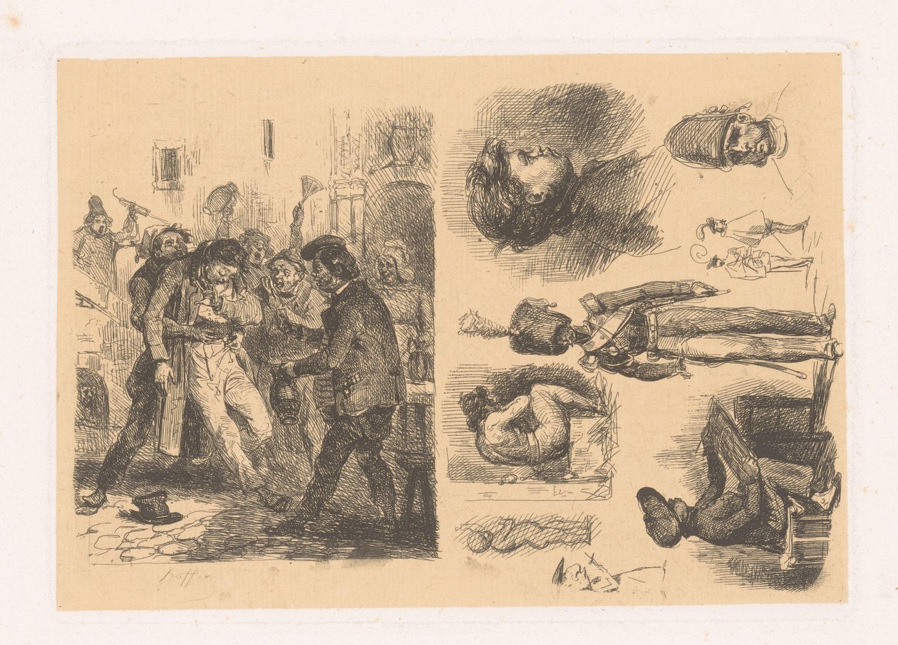 Skupina mužů, vedle ní kompozice včetně vojáka croquis; Scény revoluce od Denis Auguste Marie Raffet