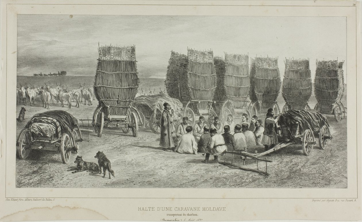 Zastávka moldavské karavany převážející uhlí, Besarábie, 5. srpna 1837 od Denis Auguste Marie Raffet