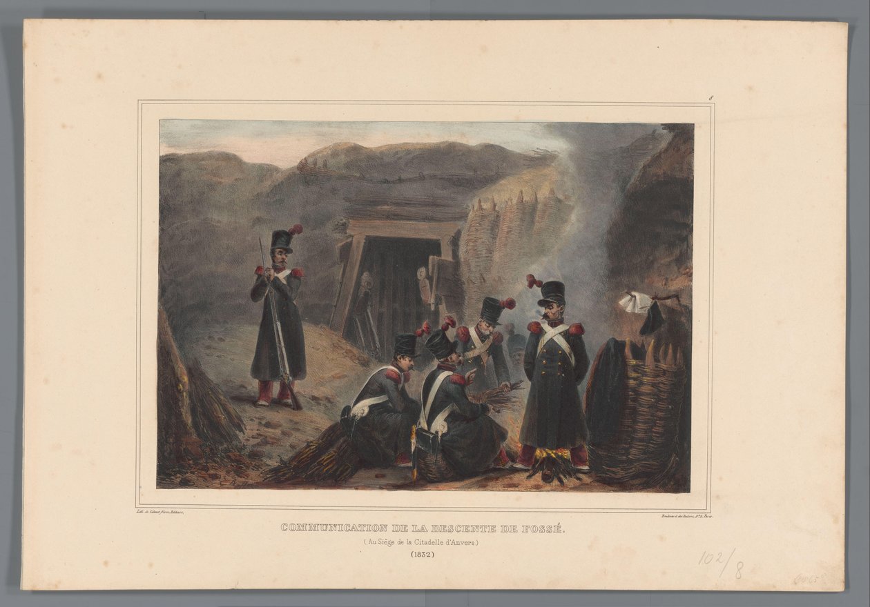 Vojenský bij een mijngang, 1832 Komunikace sestupu z příkopu (titul na objektu) Kresby vytvořené z přírody při obléhání Citadely v Antverpách od Raffeta (název série na objektu) od Denis Auguste Marie Raffet