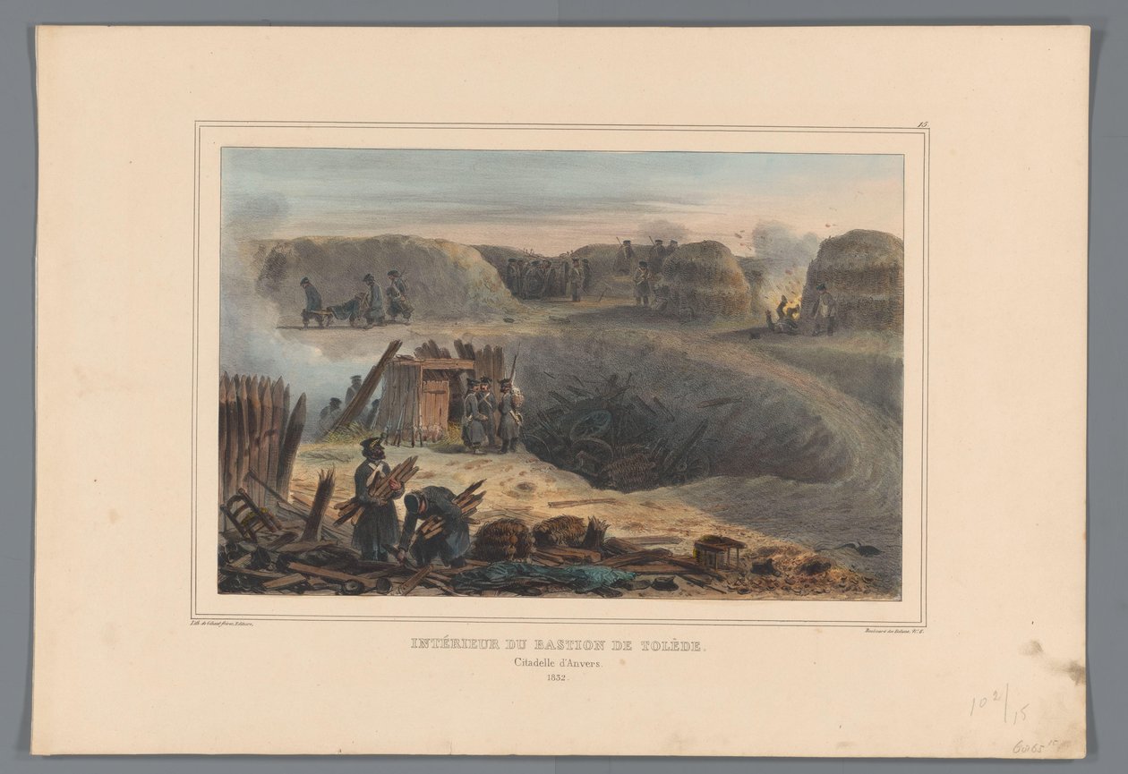 Bastion Militairten binnen een, 1832 Interiér bašty Toledo (název na objektu) Kresby ze života v obležení Citadely v Antverpách od Raffeta (název série na objektu) od Denis Auguste Marie Raffet