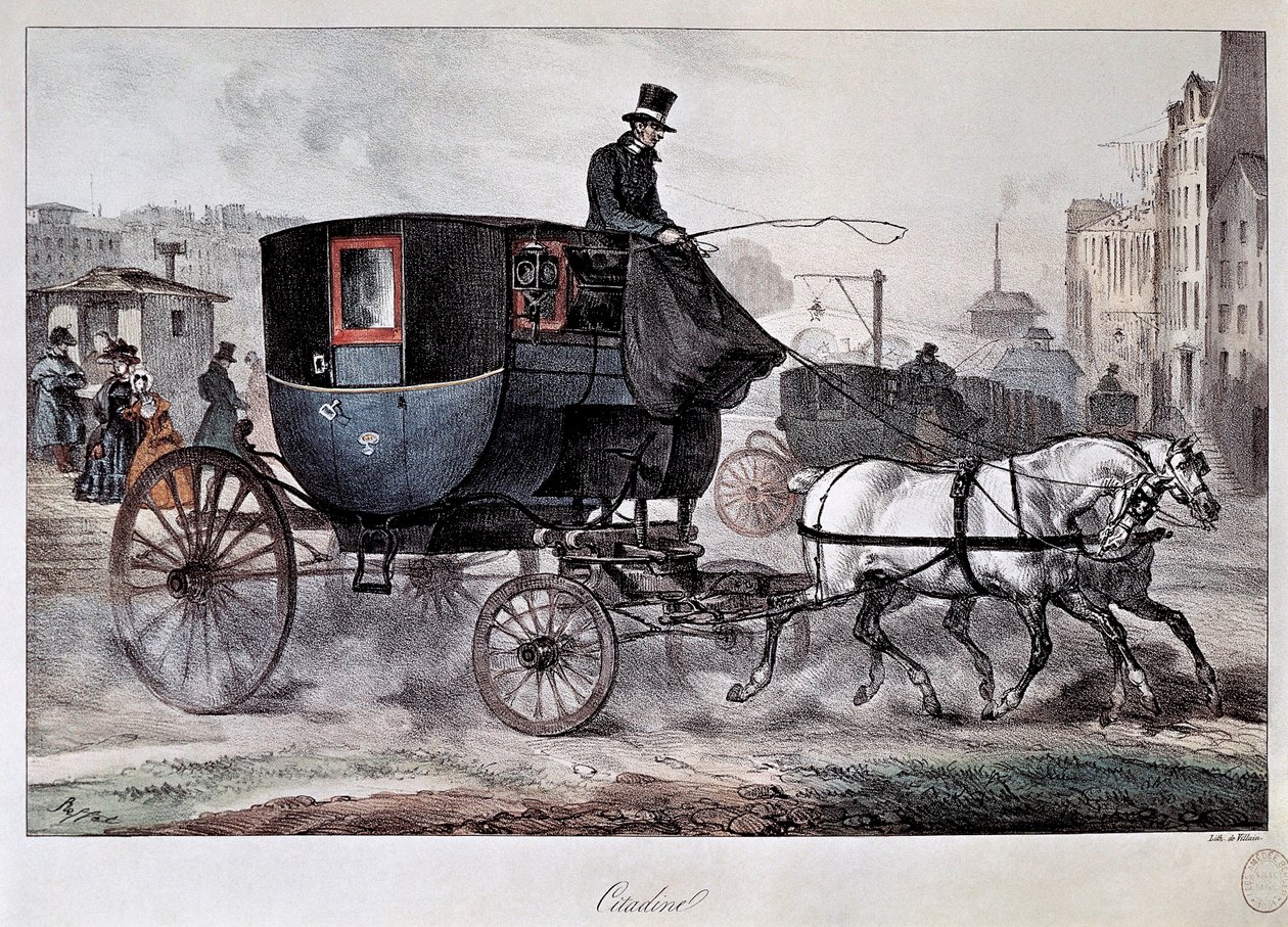 Veřejná doprava v 19. století: taxík v ulicích Paříže (barevná rytina) od Denis Auguste Marie Raffet