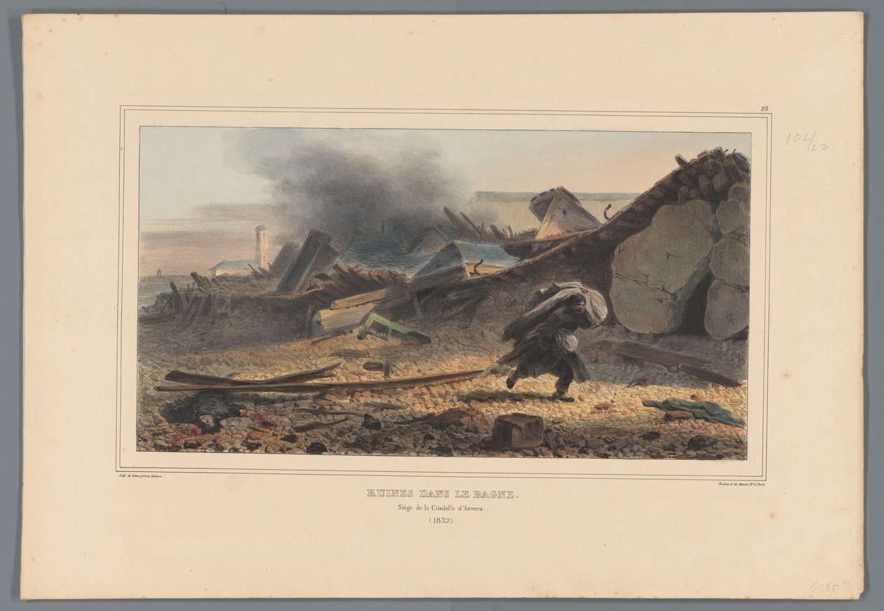 Ruiny, 1832 Ruiny v Bagne (název na objektu) Kresby vytvořené z přírody při obléhání Citadely v Antverpách od Raffeta (název série na objektu) od Denis Auguste Marie Raffet