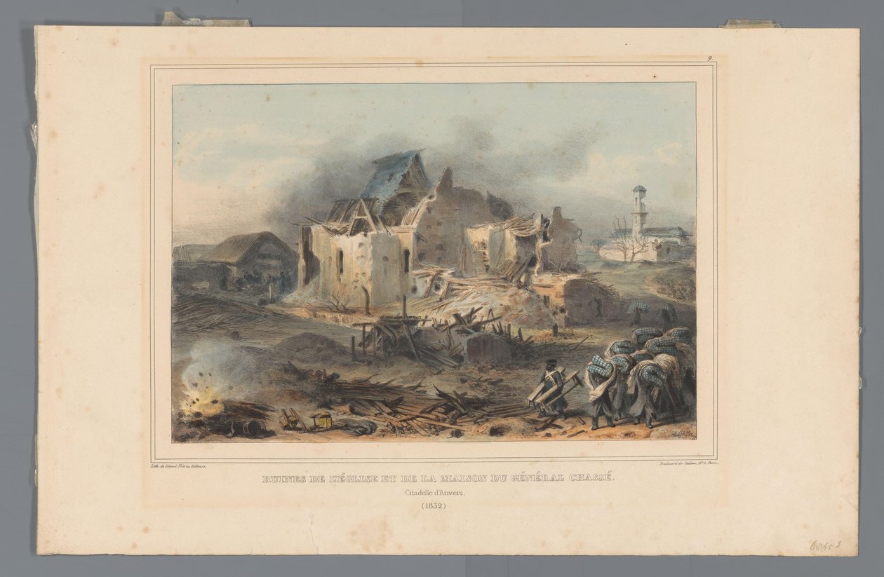 Ruïnes van de kerk v het huis van generaal Chassé, 1832 Ruiny kostela a domu generála Chassé (název na objektu) Kresby vytvořené z přírody při obléhání Citadely v Antverpách od Raffeta (název série na objektu) od Denis Auguste Marie Raffet