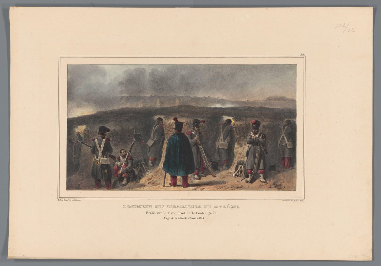 Schutters kupuje borstwering, 1832 Bydlení skirmishers of the 19th Light (titul on object) Kresby ze života v sídle Citadely v Antverpách od Raffeta (název na objektu) od Denis Auguste Marie Raffet