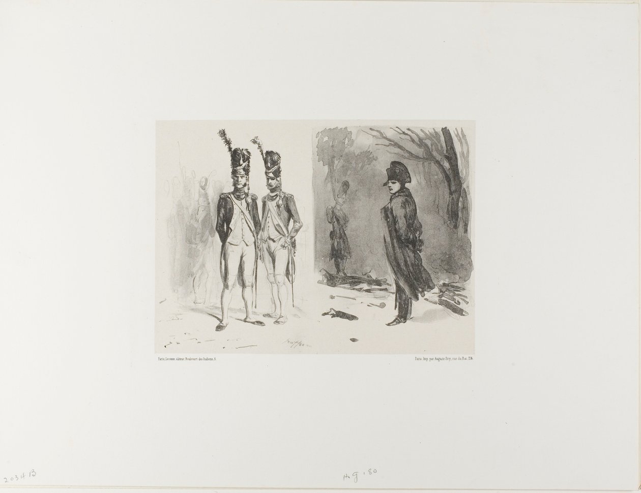 List s náčrtem (Grenadier of the Guard, Napoleon v bivaku) od Denis Auguste Marie Raffet