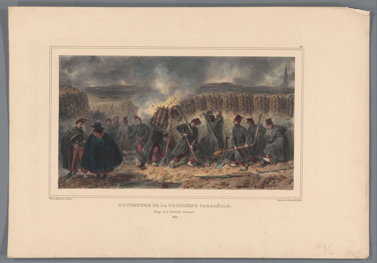 Soldaten graben een loopgraaf, 1832 Otevření třetí rovnoběžky (nadpis na objektu) Kresby vytvořené z přírody při obléhání Citadely v Antverpách od Raffeta (název série na objektu) od Denis Auguste Marie Raffet