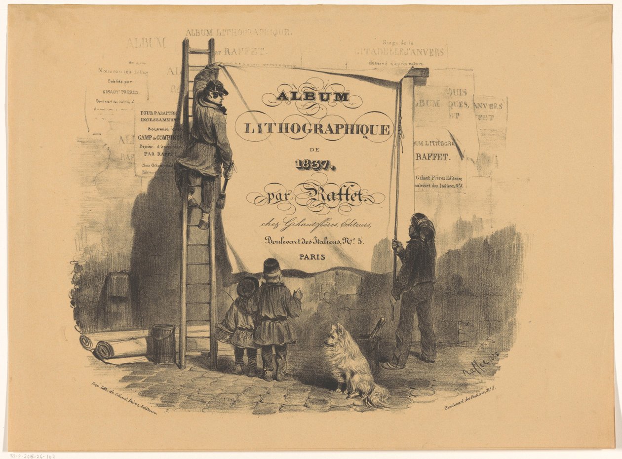 Dva muži lepí plakát na zeď Album lithographique de 1837 (název série na objektu) od Denis Auguste Marie Raffet