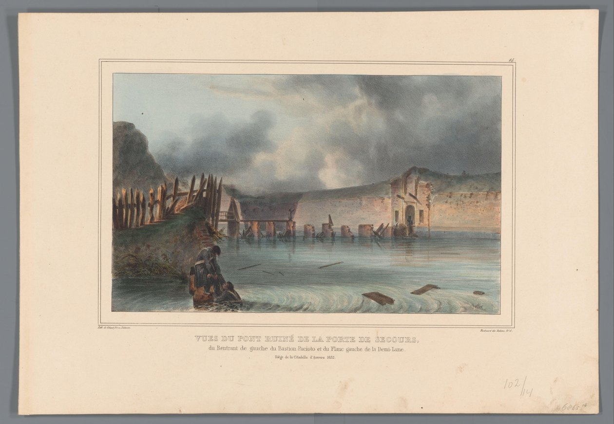 Vernielde brug, 1832 Pohledy na zřícený most Záchranné brány, na levý vstupující z Bastion Pacioto a na levé křídlo půlměsíce (název na objektu) Kresby vytvořené Raffetem ze života v obležení Citadely v Antverpách (název série na objektu od Denis Auguste Marie Raffet