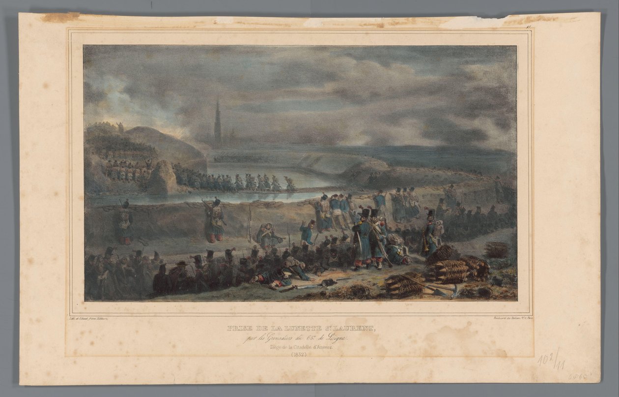 Verovering van de lunette St. Laurent, 1832 Převzetí lunety sv. Vavřince granátníky 65. linie (název na předmětu) Kresby ze života v obležení Citadely v Antverpách od Raffeta (název série na objektu) od Denis Auguste Marie Raffet