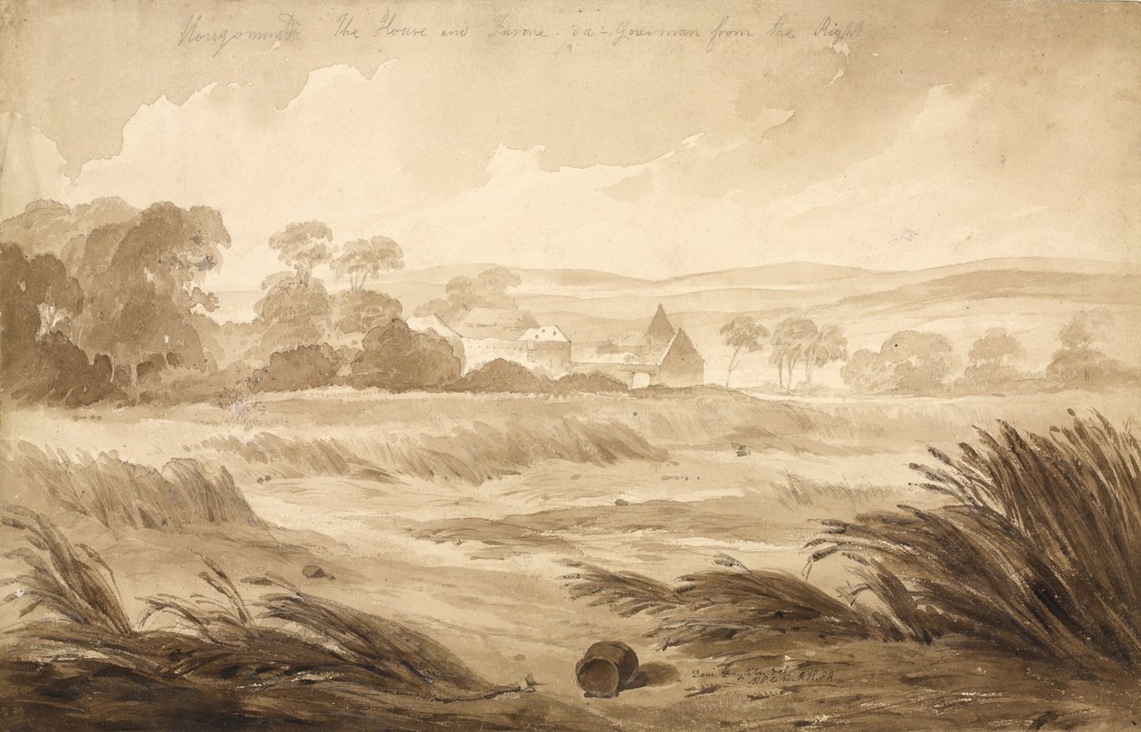 "No 1 Hougomont Dům a farme du - Gourman zprava", 1815 (čb a tužka na papíře) od Denis Dighton