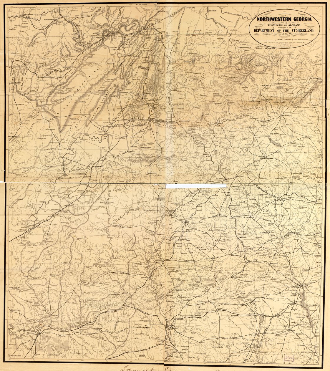 Severozápadní Gruzie (s částmi přilehlých států Tennessee a Alabama) je součástí ministerstva Cumberland od Denis; United States. War Department. Engineer Bureau Callahan