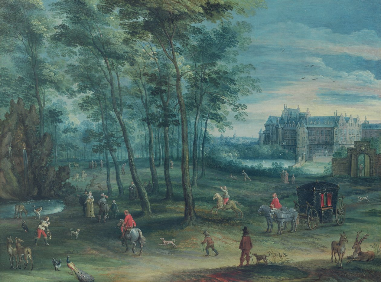 Park viceregalského paláce v Bruselu s elegantní společností u fontány, cca 1600 (olej na mědi) od Denys van Alsloot