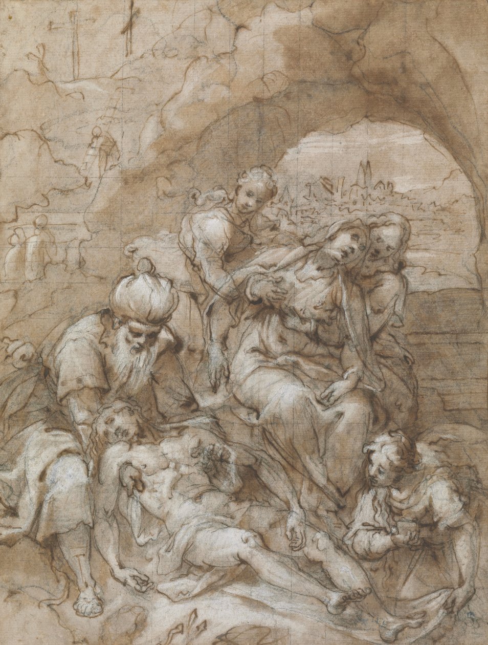Deposition, c.1595 (černá křída, pero a hnědý inkoust, wc a bílé zvýraznění, čtverečkované pro přenos černou křídou, na položený papír) od Denis Calvaert