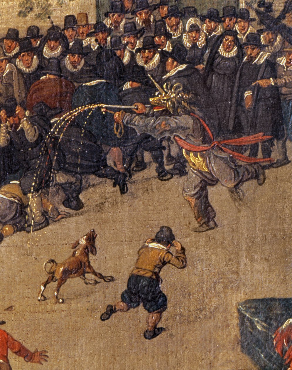 Triumf arcivévodkyně Isabelly v bruselském Ommergancku 31. května 1615, detail davu a kostýmovaná postava od Denys van Alsloot
