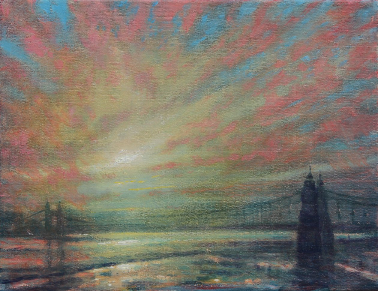 Západ slunce na Hammersmith Bridge, 2022 (olej na plátně) od Derek Hare