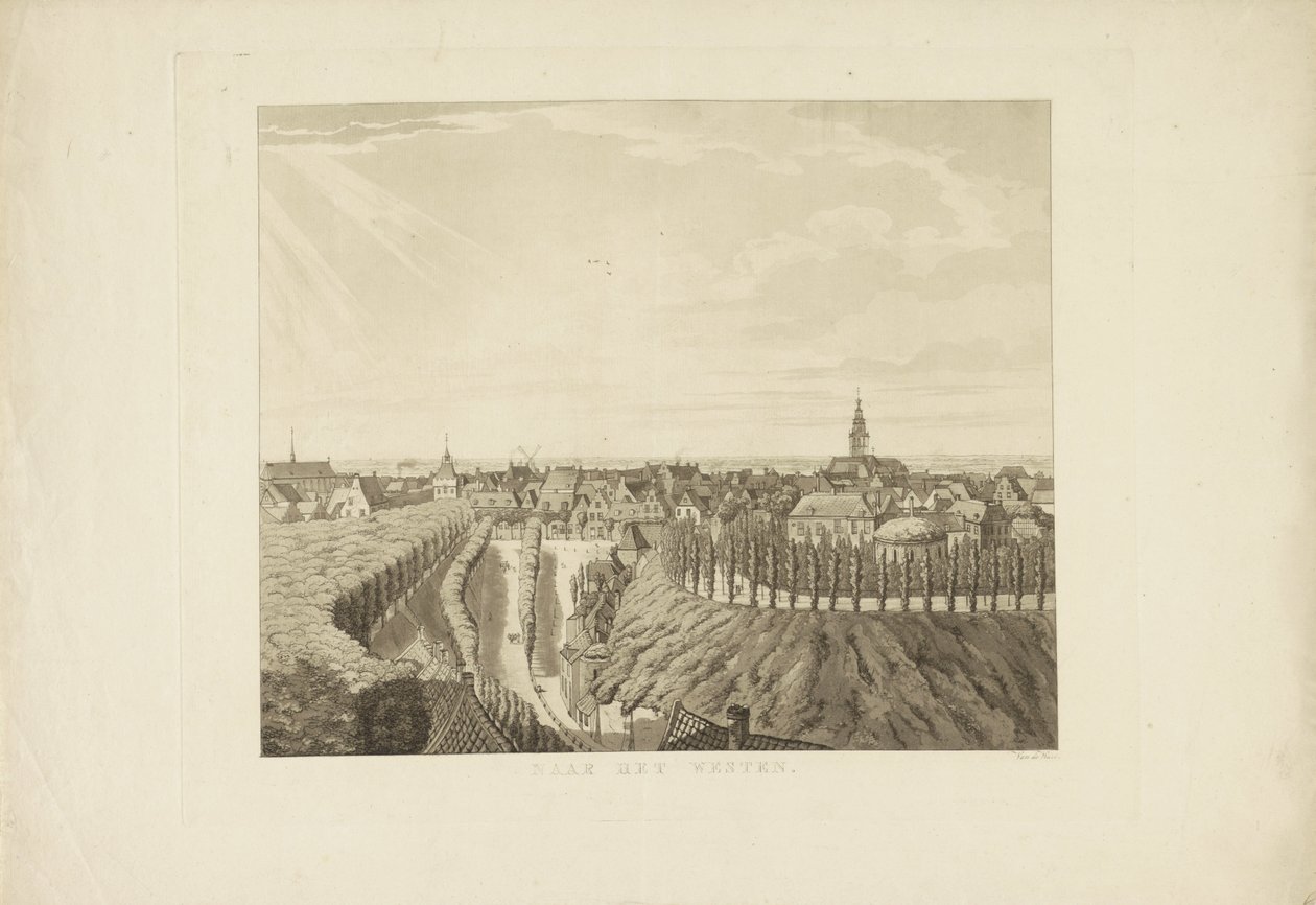 Nijmegen, pohled z Belvédère směrem na západ Na západ (název na objektu) Památky v okolí města Nijmegen (název série) Gelderschovo panorama nebo kulatý pohled na život nakreslený na belvederu v Nymegenu (název série) od Derk Anthony van de Wart