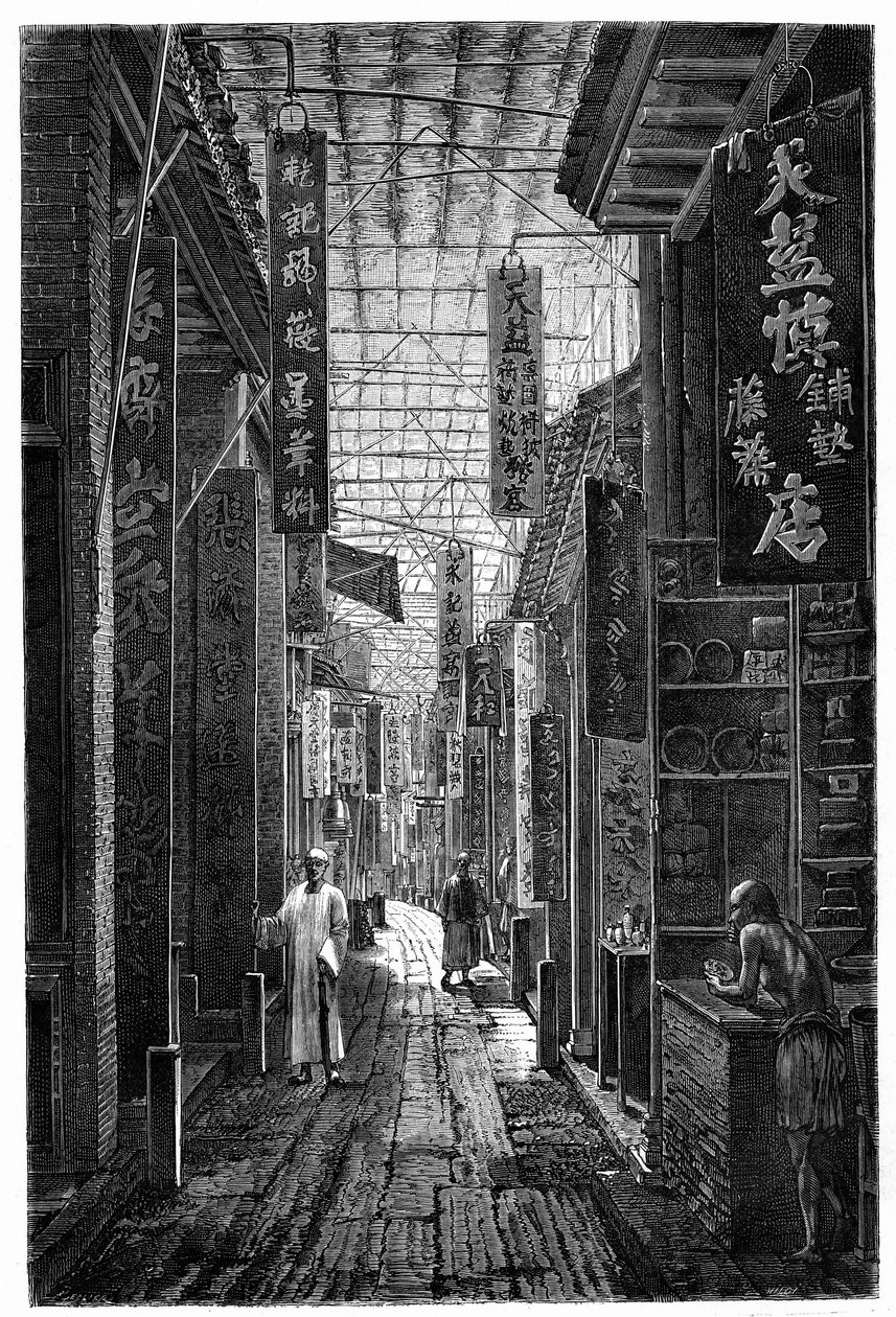 Pohled na Pharmacy Street v Guangzhou (Guangzhou). Rytina podle kresby od Deroye v „“Le Tour du Monde, Nouveau journal des Voyages“, editoval Edouard Charton, Paříž od Deroy (after)