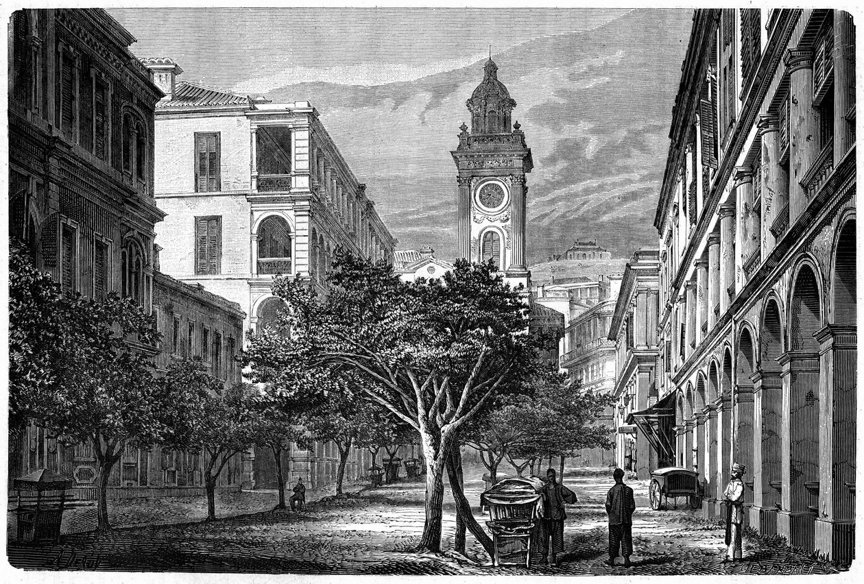 Pohled na historickou hongkongskou hodinovou věž. Rytina podle Deroyovy kresby v knize "Le Tour du Monde, Nouveau journal des Voyages", kterou vydal Edouard Charton, Paříž. od Deroy (after)