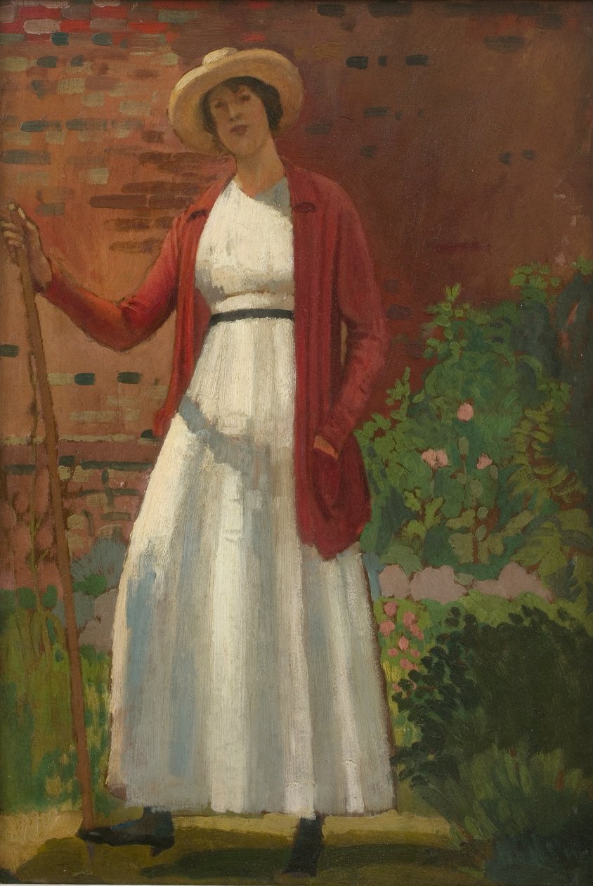 Lyndra v zahradě, asi 1913 (olej na desce) od Derwent Lees