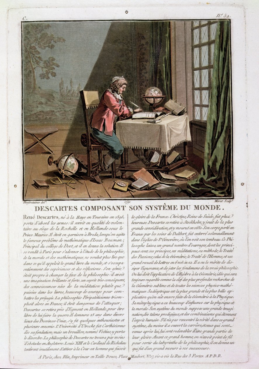 René Descartes (1596-1650) píše svůj systém světa, vyryl Jean Baptiste Moret (fl.1790-1820), 1791 od Desfontaines