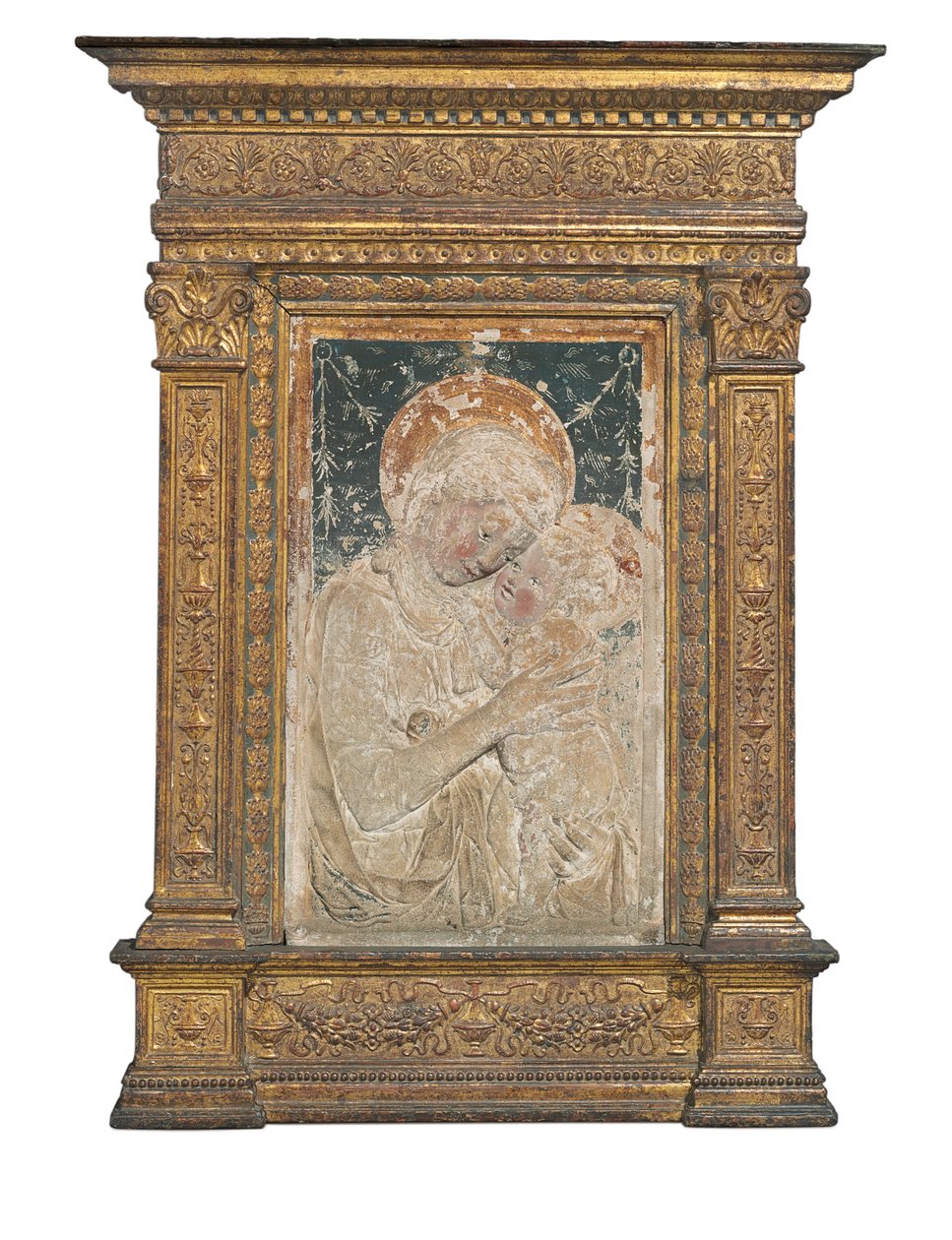 Reliéf Panny Marie s dítětem (zlacený a polychromovaný štuk) od Desiderio da Settignano (after)