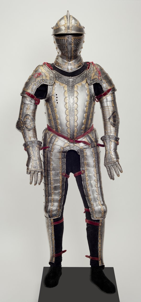 Polní zbroj, z Garniture, pravděpodobně vyrobená pro Ludwiga Ungnada von Weissenwolf auf Sunegg, kolem 1552 (ocel s reliéfním, leptaným, černěným a zlaceným zdobením, s moderní mosazí, sametem, kůží a ocelí) od Desiderius Helmschmid
